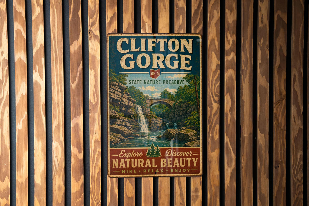 A vintage metal sign for Clifton Gorge State Nature Preserve, featuring a scenic image of a waterfall and forest.