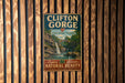 A vintage metal sign for Clifton Gorge State Nature Preserve, featuring a scenic image of a waterfall and forest.
