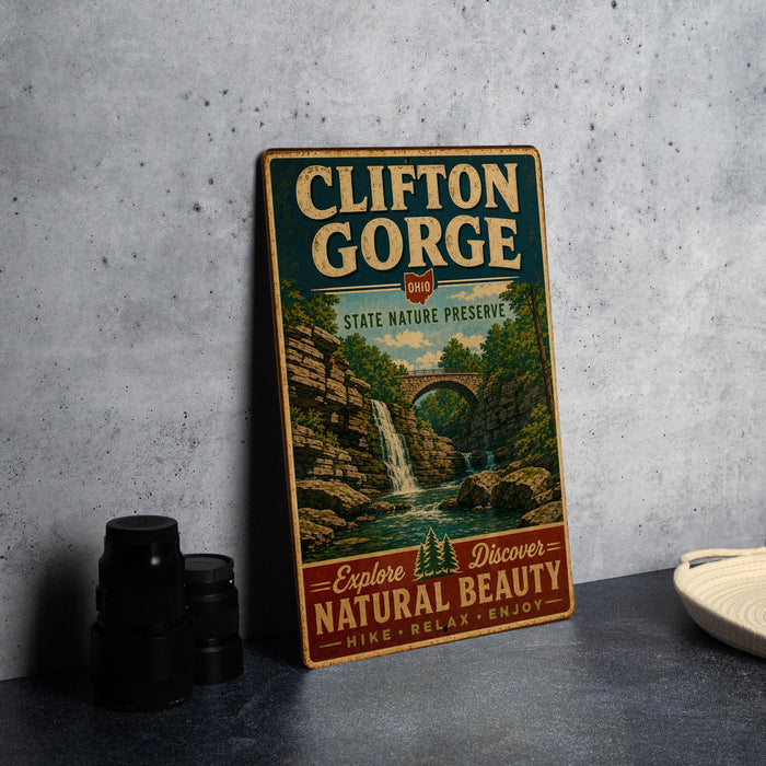 A vintage-style metal sign for Clifton Gorge State Nature Preserve, featuring a scenic image of a waterfall and a bridge.