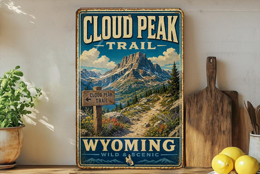A vintage-style metal sign for the Cloud Peak Trail in Wyoming, featuring a scenic mountain landscape with a trail leading through it.