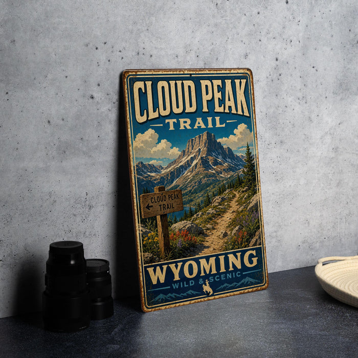 A vintage-style metal sign for the Cloud Peak Trail in Wyoming, featuring a scenic mountain landscape with a trail sign and the text "CLOUD PEAK TRAIL WYOMING WILD SCENIC".