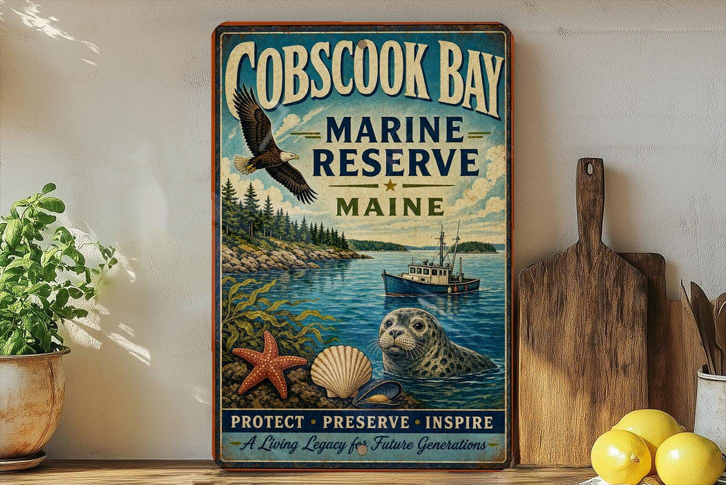 A vintage-style metal sign for Cobscook Bay, Maine, featuring an eagle, a seal, and a boat, along with the text "Cobscook Bay Marine Reserve Maine" and "Protect, Preserve, Inspire".