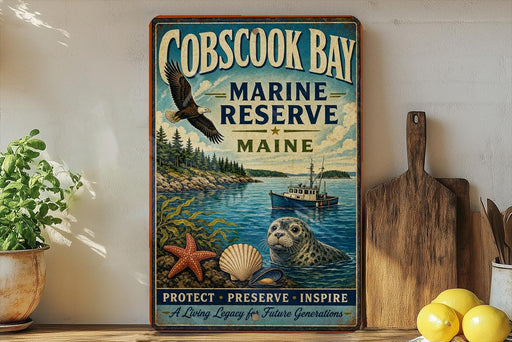 A vintage-style metal sign for Cobscook Bay, Maine, featuring an eagle, a seal, and a boat, along with the text "Cobscook Bay Marine Reserve Maine" and "Protect, Preserve, Inspire".