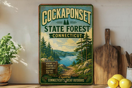 A vintage-style sign for the CockapSONSET State Forest in Connecticut, featuring a scenic landscape with pine trees, a lake, and mountains.