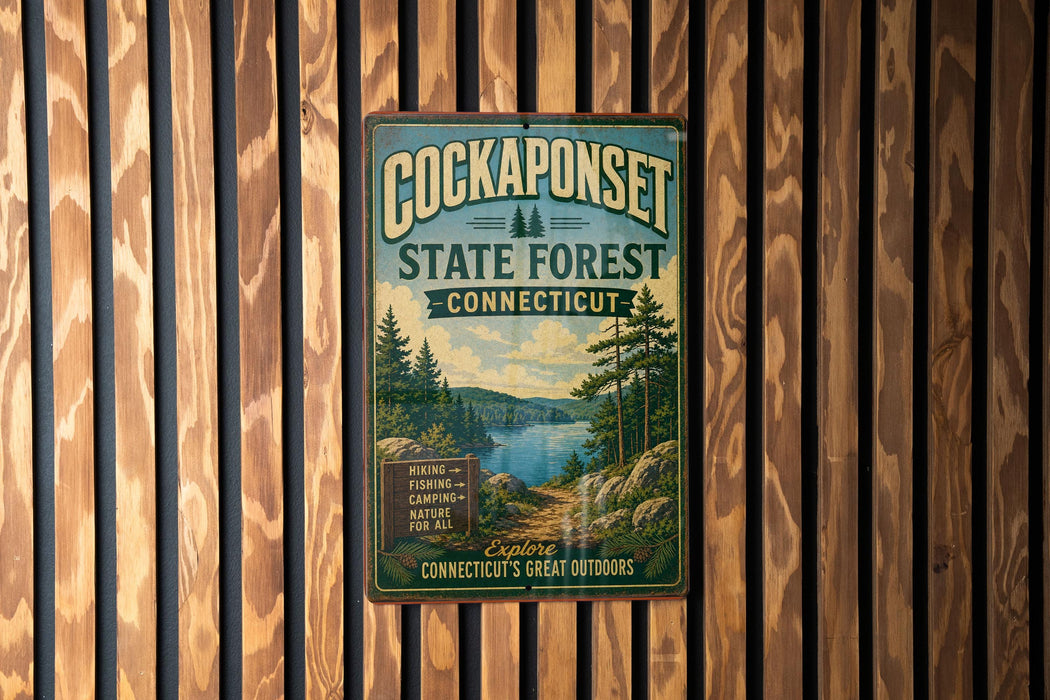 A vintage metal sign for the Cockaponset State Forest in Connecticut, featuring a scenic landscape with pine trees, a lake, and mountains.