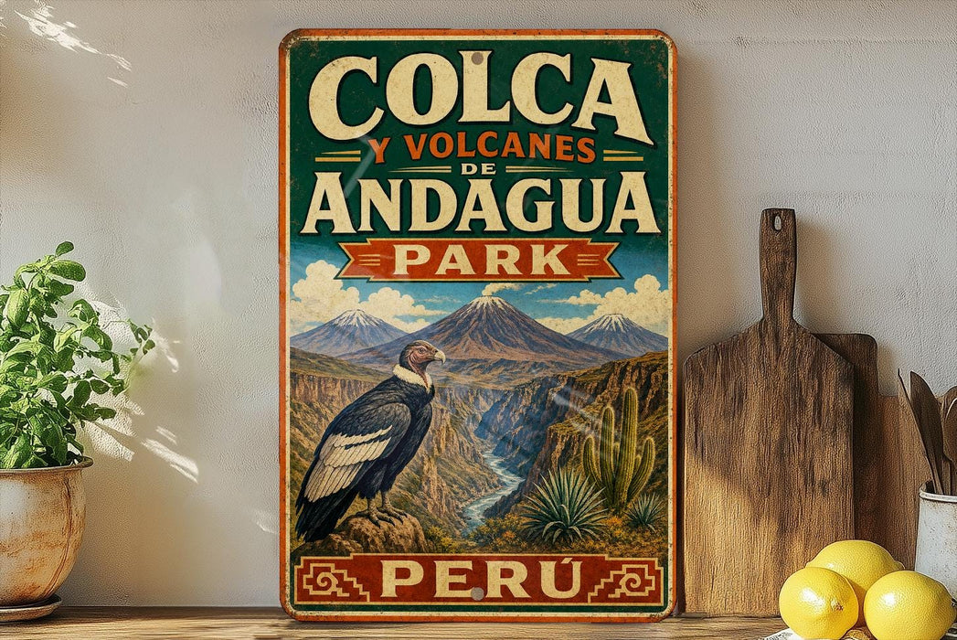 A vintage-style metal sign for Colca y Volcanes de Andagua Park in Peru, featuring a mountain landscape with a bird in flight.
