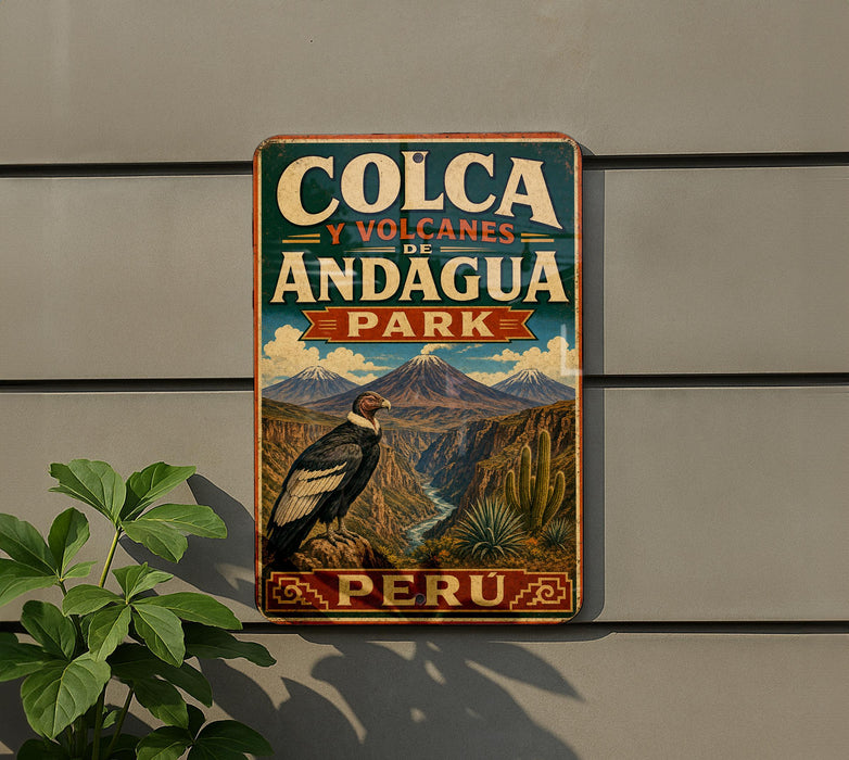 A vintage-style sign for Colca y Volcanes de Andagua Park in Peru, featuring a mountain landscape with a bird in flight.
