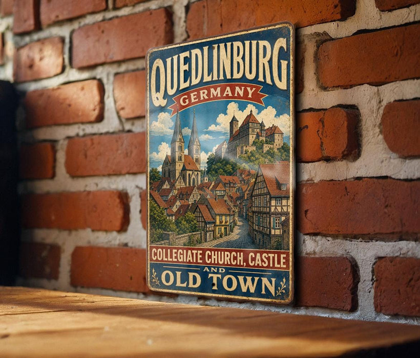 A vintage metal sign with the text "Quedlinburg, Germany" and "College Church, Castle and Old Town" is displayed on a brick wall.