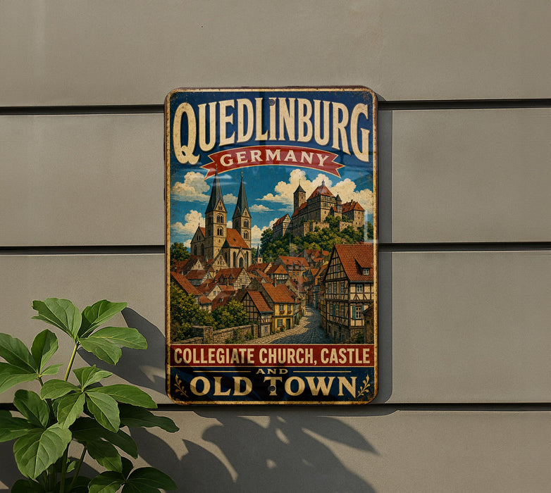 A vintage metal sign advertising Quedlinburg, Germany, featuring a colorful illustration of the city's architecture and landmarks.