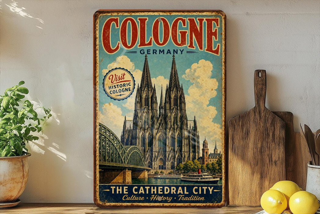 A vintage-style poster of the Cologne Cathedral in Germany, featuring the cathedral's spires and a bridge, is displayed on a wall next to a wooden cutting board and some potted plants.