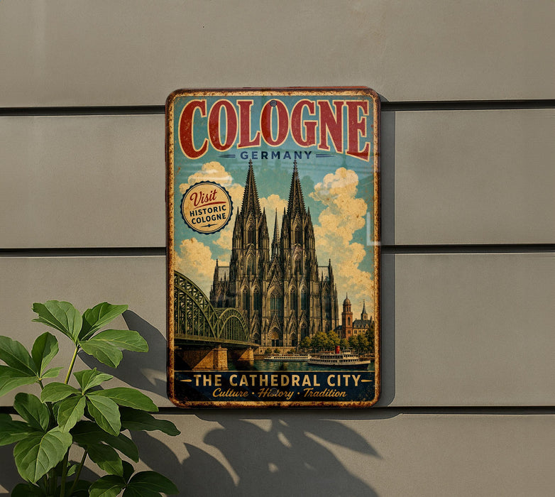 A vintage metal sign advertising the Cologne Cathedral in Germany, featuring an illustration of the cathedral and a bridge.