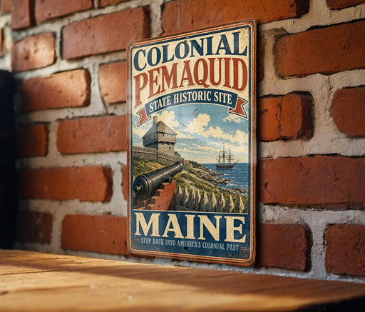 A vintage-style metal sign for the Colonial Pemaid State Historic Site in Maine, featuring a cannon and a ship on a rocky coastline.