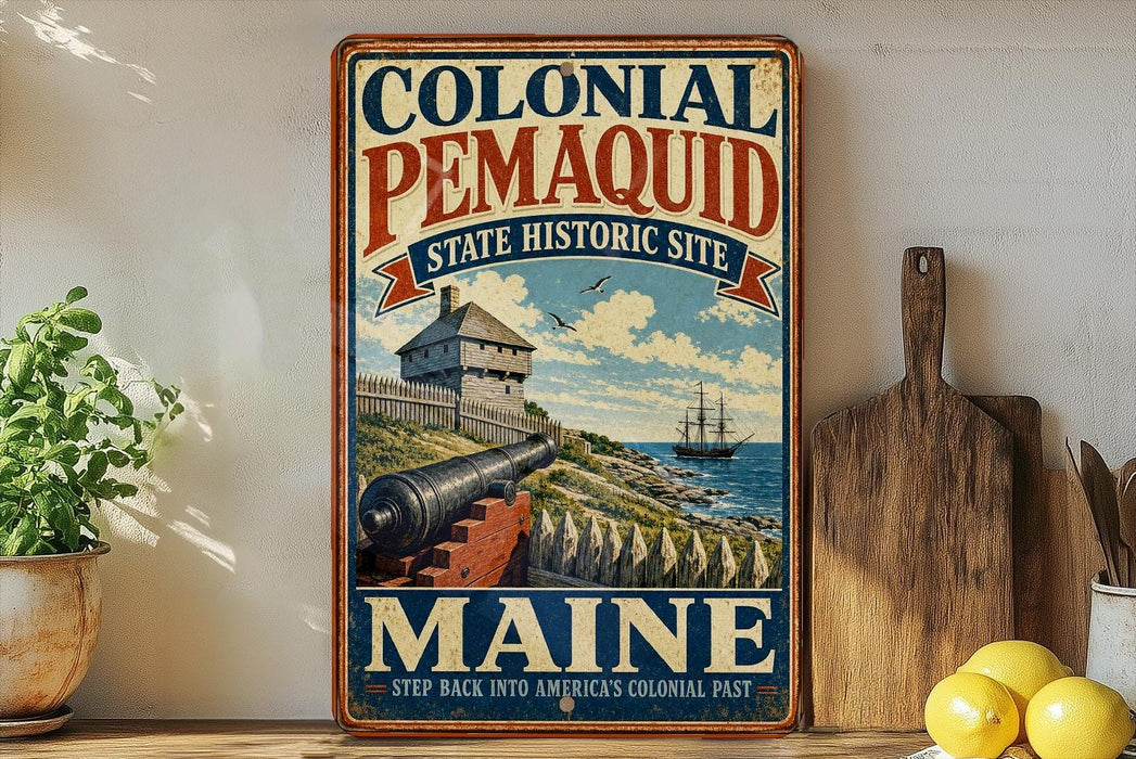 A vintage-style metal sign advertising the Colonial Pemaid State Historic Site in Maine, featuring a cannon and a ship on a rocky coastline.