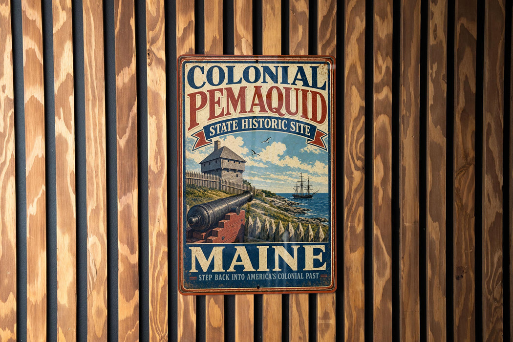 A vintage-style metal sign for the Colonial Pemaid State Historic Site in Maine, featuring a ship and a lighthouse on a wooden background.