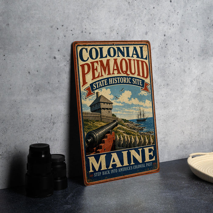 A vintage-style metal sign for the Colonial Pemaid State Historic Site in Maine, featuring an illustration of a cannon and a ship, with the text "Colonial Pemaid State Historic Site" and "MAINE" prominently displayed.