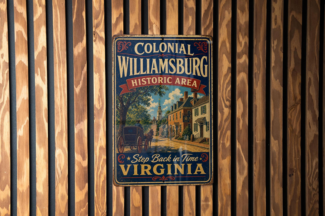 A vintage-style metal sign for the Colonial Williamsburg Historic Area in Virginia, featuring an illustration of a horse-drawn carriage and a building.