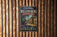 A vintage-style metal sign for the Colonial Williamsburg Historic Area in Virginia, featuring an illustration of a horse-drawn carriage and a building.