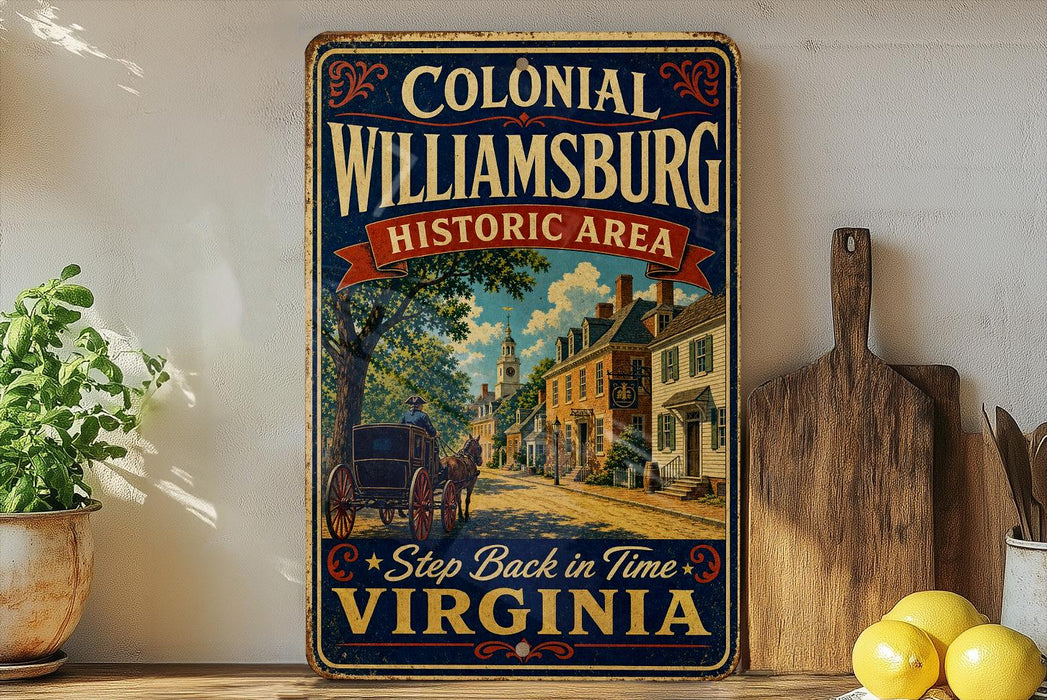 A vintage-style metal sign for Colonial Williamsburg, Historic Area, featuring an illustration of a street scene with a horse-drawn carriage and buildings.