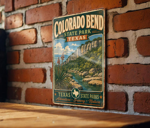 A vintage metal sign for Colorado Bend, a state park in Texas, featuring a scenic landscape with a river and mountains.