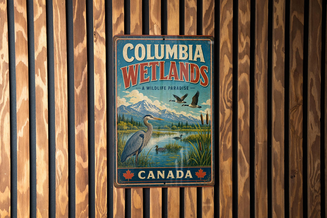 A vintage-style metal sign for Columbia Wetlands, a wildlife sanctuary in Canada, featuring a serene landscape with a bird, a lake, and mountains in the background.