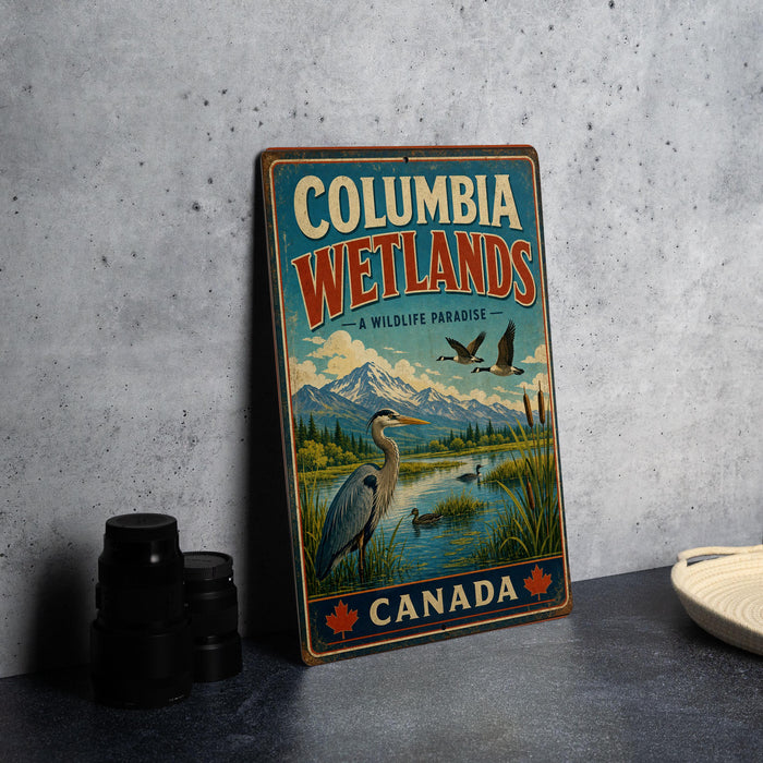 A vintage-style sign for Columbia Wetlands, featuring a scenic landscape with a bird, a lake, and mountains in the background.