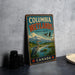 A vintage-style sign for Columbia Wetlands, featuring a scenic landscape with a bird, a lake, and mountains in the background.