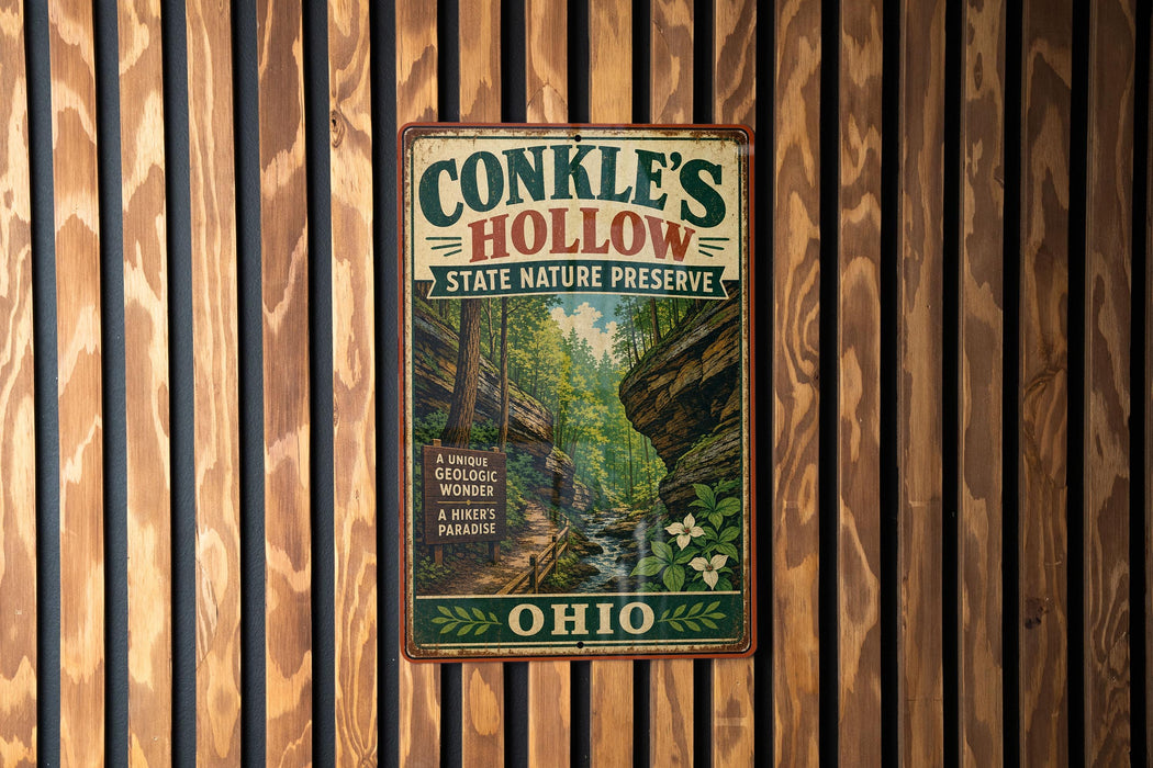 A vintage-style metal sign for Conkles Hollow State Nature Preserve in Ohio, featuring a scenic image of a forest and a winding path.