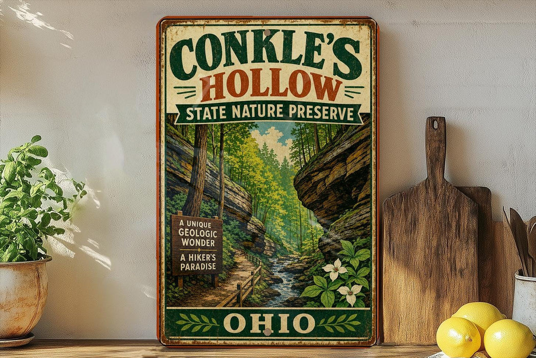 A vintage-style metal sign for Conkles Hollow State Nature Preserve in Ohio, featuring a scenic image of a forest and a winding path.