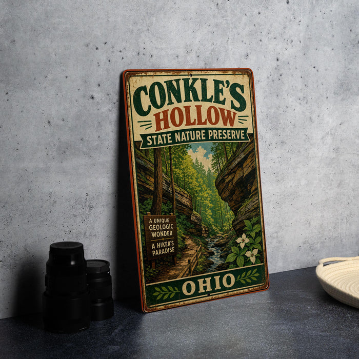 A vintage-style metal sign for Conkles Hollow State Nature Preserve in Ohio, featuring a scenic illustration of a forest and a winding path.