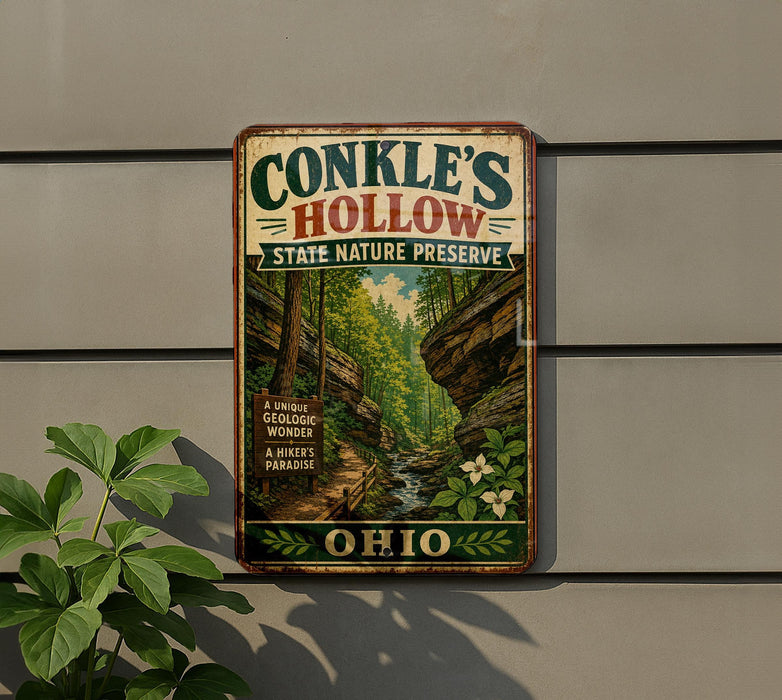 A vintage-style sign for Conkle's Hollow State Nature Preserve in Ohio, featuring a scenic image of a forest and a hiking trail.