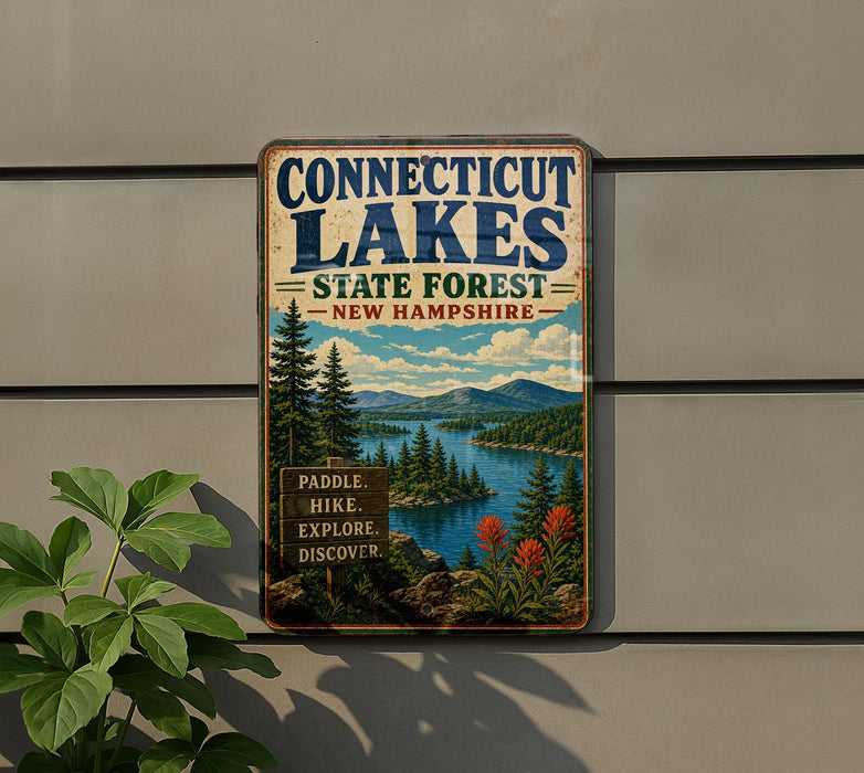A vintage-style metal sign for Connecticut Lakes State Forest in New Hampshire, featuring a scenic landscape with pine trees, mountains, and a lake.