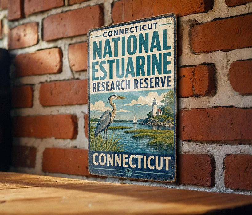A vintage metal sign for the Connecticut National Estuarine Research Reserve, featuring a blue heron and a lighthouse, is mounted on a brick wall.