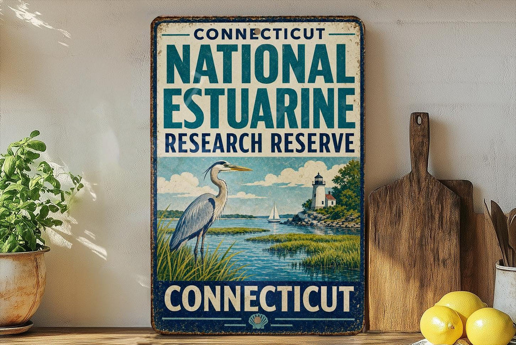 A vintage-style sign for the Connecticut National Estuarine Research Reserve, featuring an illustration of a heron in a grassy area with a lighthouse in the background.
