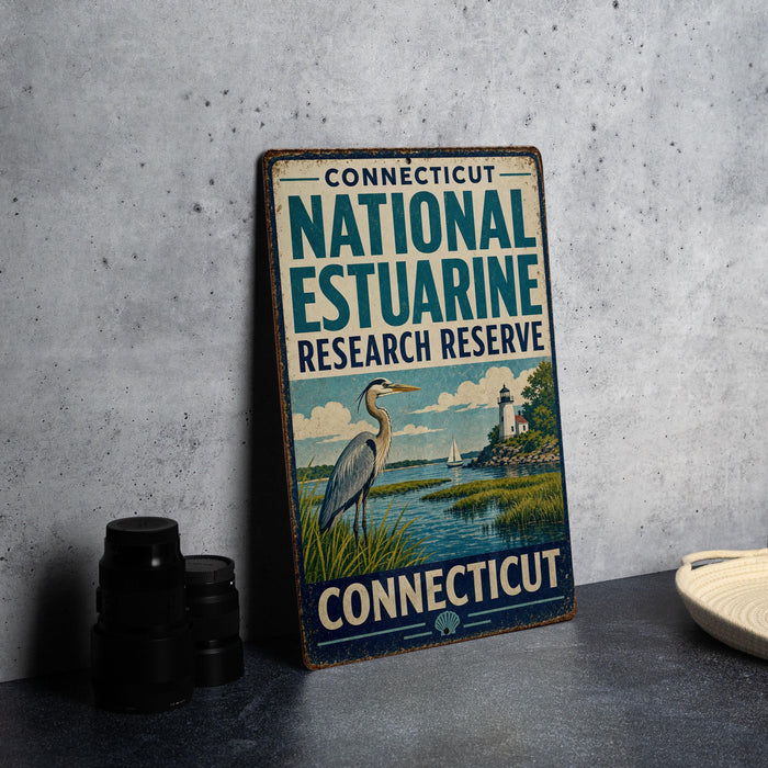 A vintage-style sign for the Connecticut National Estuarine Research Reserve, featuring a seagull and a lighthouse, is displayed on a gray countertop next to some black camera lenses.