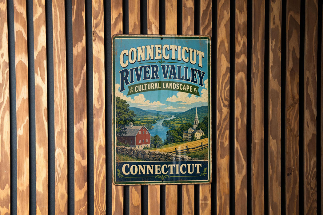 A vintage metal sign for the Connecticut River Valley, featuring a scenic landscape with a river, buildings, and a church steeple.