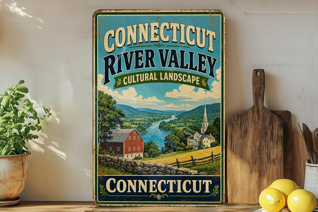 A vintage-style sign for the Connecticut River Valley, featuring a scenic landscape with a river, buildings, and mountains.