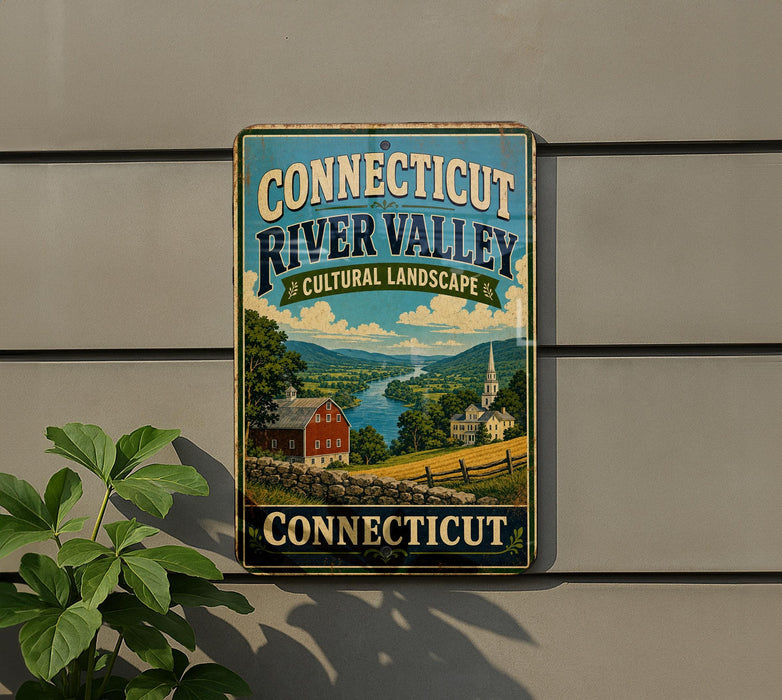 A vintage-style sign for the Connecticut River Valley, featuring a scenic landscape with a river, buildings, and a church steeple.