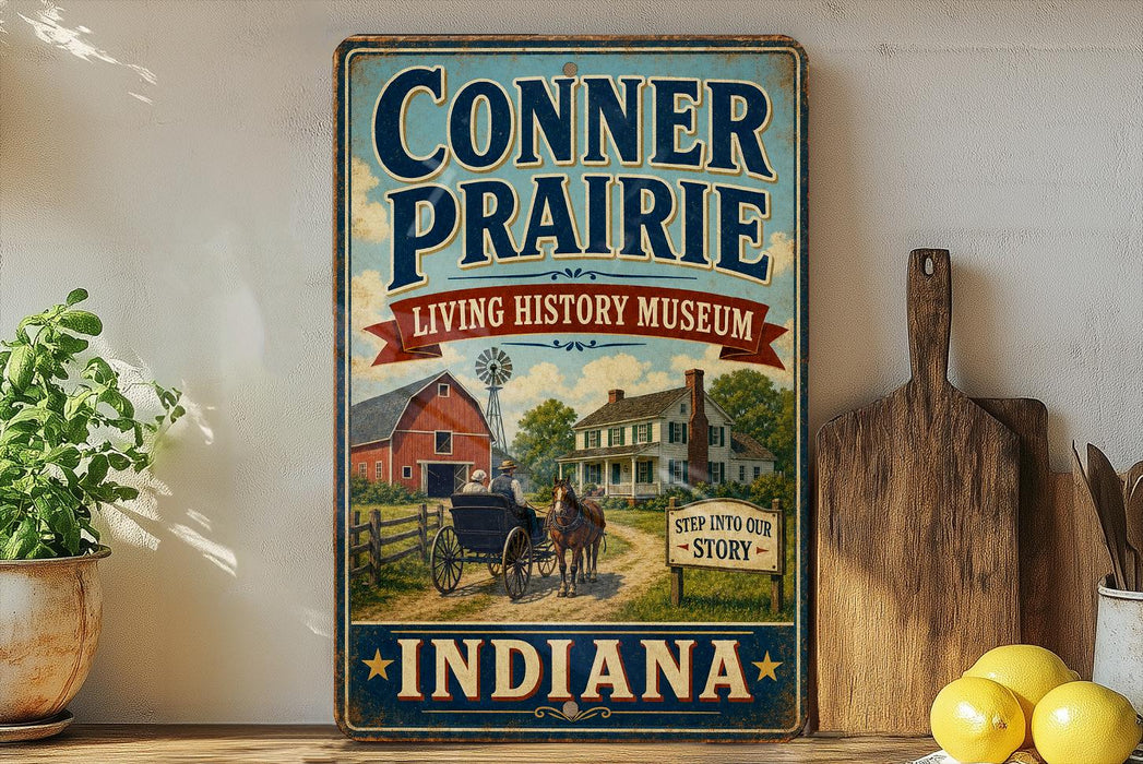 a vintage-style sign for the Conner Prairie Living History Museum in Indiana, with a farm scene and a horse-drawn carriage depicted on the sign.