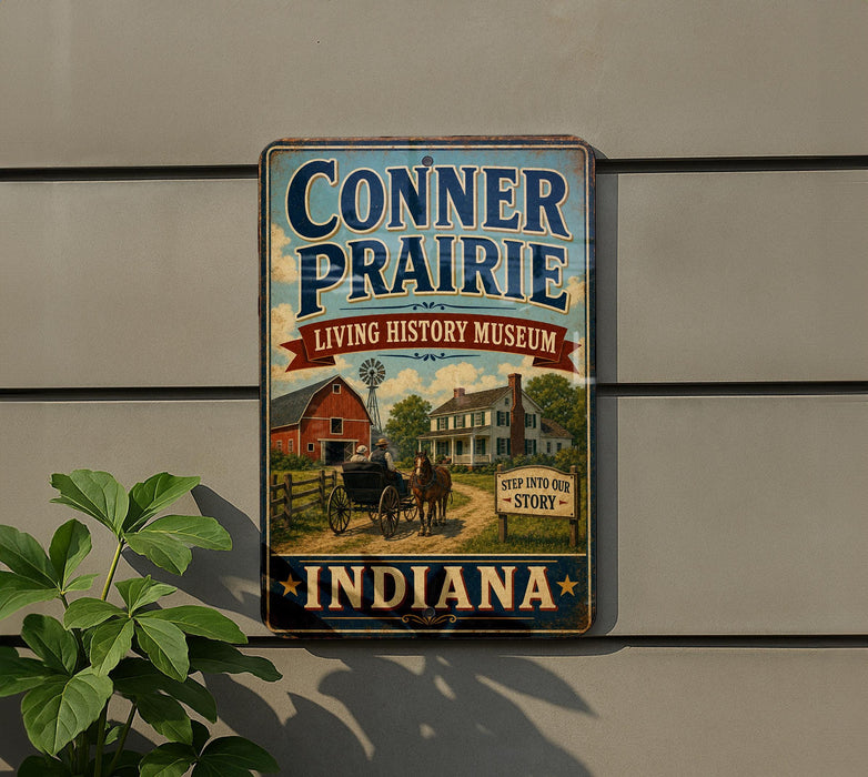 A vintage-style metal sign for the Conner Prairie Living History Museum in Indiana, featuring an illustration of a horse-drawn carriage and a red barn.