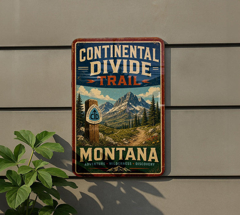 A vintage-style metal sign for the Continental Divide Trail in Montana, featuring a mountain landscape and trail marker.