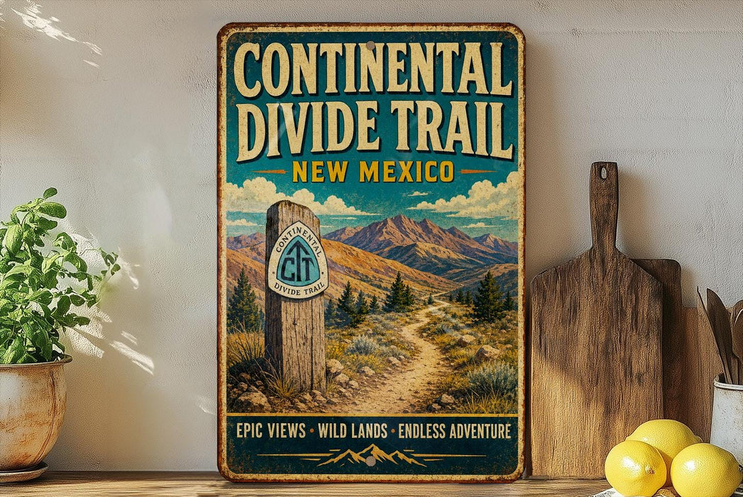 a vintage-style metal sign for the Continental Divide Trail in New Mexico, with a scenic mountain landscape and a trail marker.