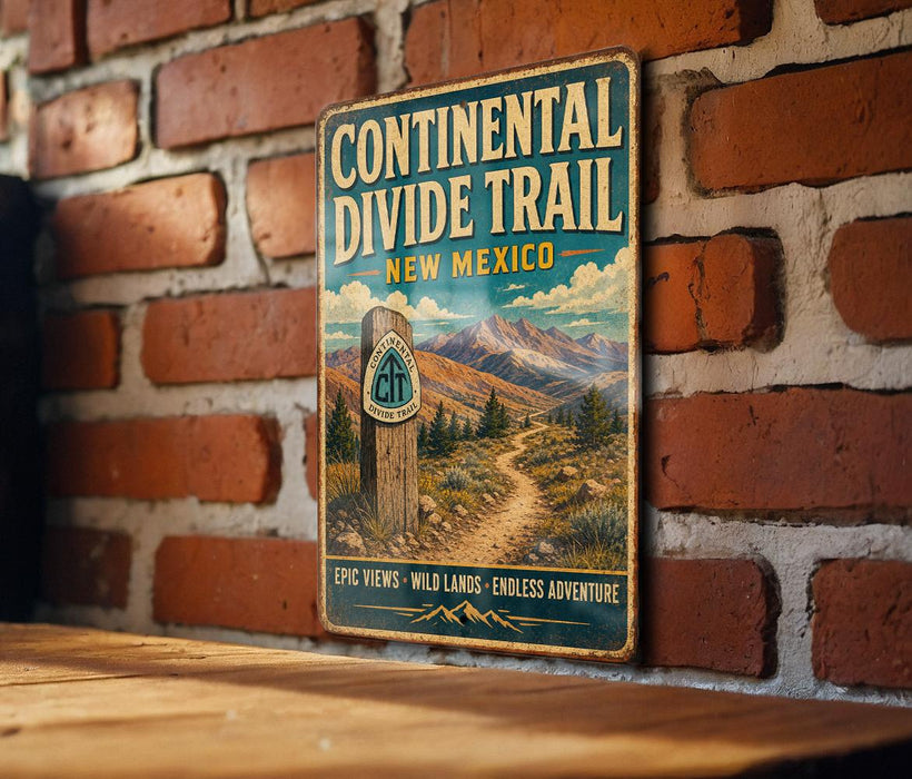 A vintage metal sign for the Continental Divide Trail in New Mexico, featuring a scenic mountain landscape and a trail marker.
