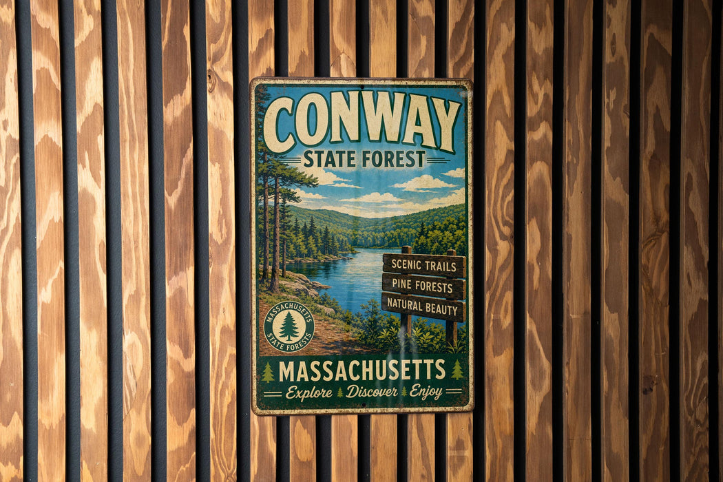 A vintage metal sign for Conway State Forest, featuring a scenic image of pine trees and a river, mounted on a wooden wall.