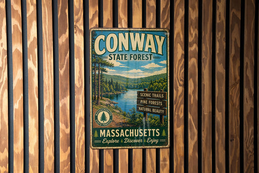 A vintage metal sign for Conway State Forest, featuring a scenic image of pine trees and a river, mounted on a wooden wall.