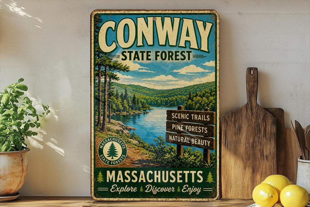 a vintage-style metal sign for the Conway State Forest in Massachusetts, with a scenic landscape of pine forests and a lake. The sign is displayed on a wooden shelf, surrounded by various kitchen utensils and a potted plant.