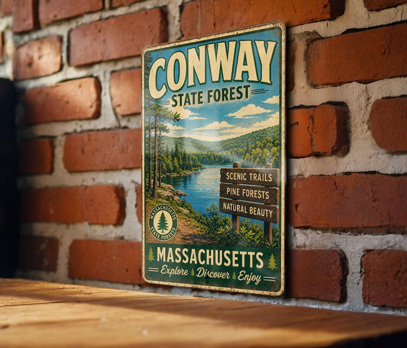 A vintage metal sign for Conway State Forest in Massachusetts, featuring a scenic landscape with pine forests, a lake, and mountains.
