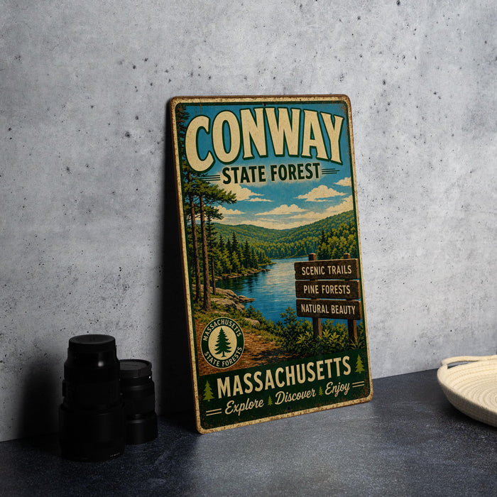 A vintage metal sign for Conway State Forest in Massachusetts, featuring a scenic landscape with pine forests, a river, and mountains.