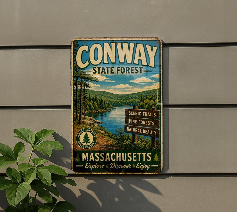 A vintage metal sign for the Conway State Forest in Massachusetts, featuring a scenic landscape with pine forests, a river, and mountains.