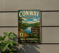 A vintage metal sign for the Conway State Forest in Massachusetts, featuring a scenic landscape with pine forests, a river, and mountains.