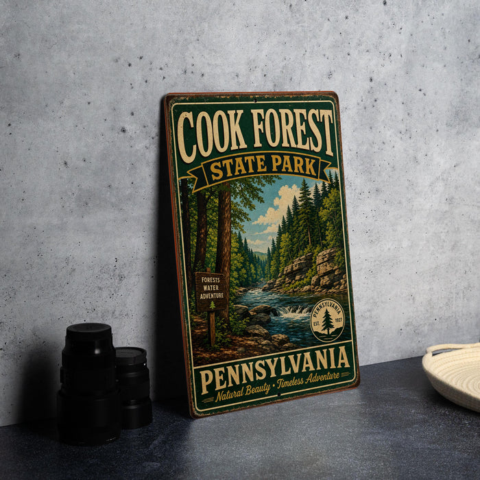 A vintage-style metal sign for Cook Forest State Park in Pennsylvania, featuring a scenic illustration of a forest and a river.